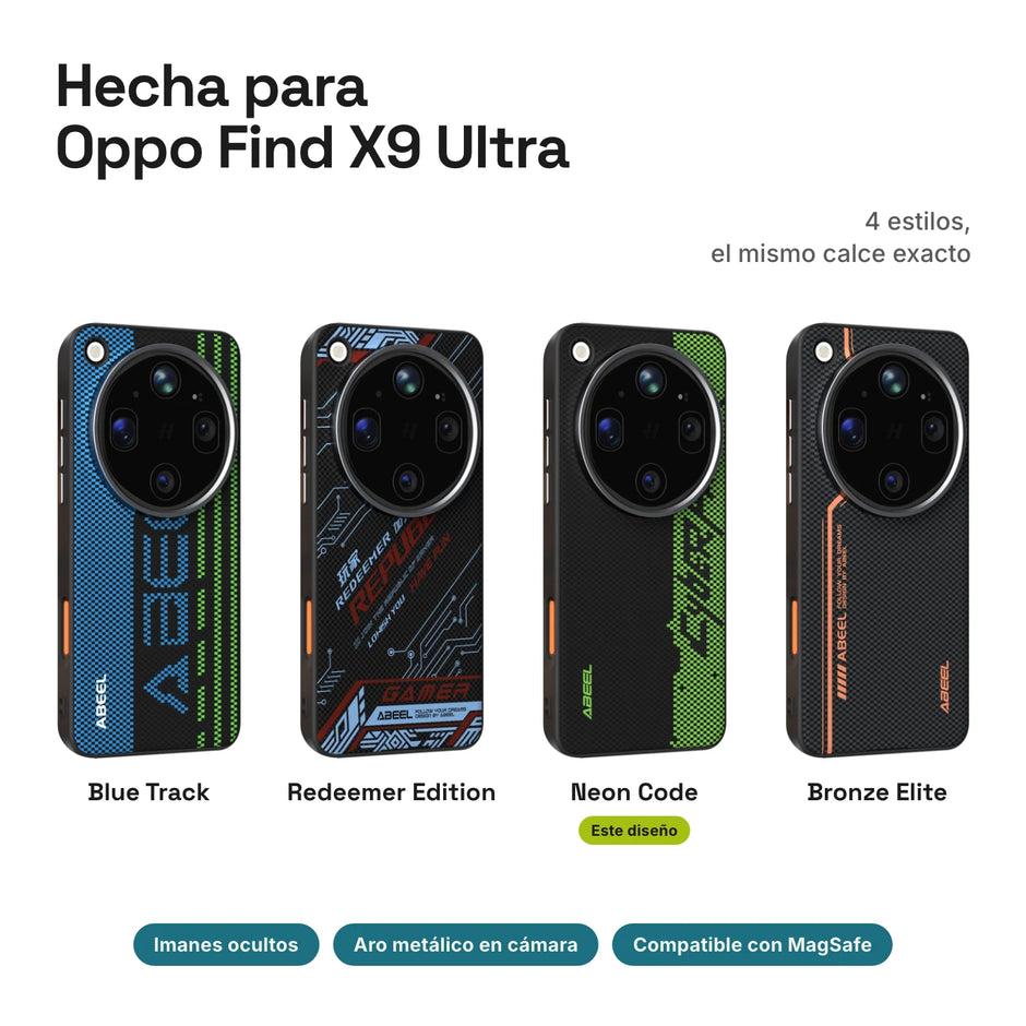 Carbono Deluxe MagSafe para Oppo Find X9 Ultra: estilos Blue Track, Redeemer Edition, Neon Code y Bronze Elite