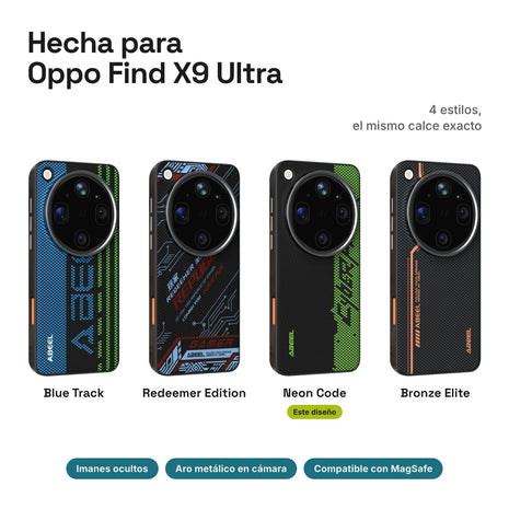 Carbono Deluxe MagSafe para Oppo Find X9 Ultra: estilos Blue Track, Redeemer Edition, Neon Code y Bronze Elite