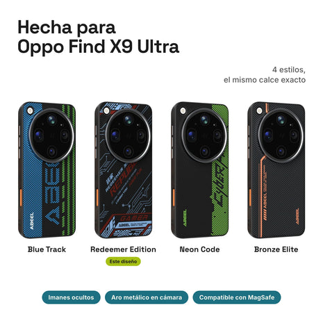 Carbono Deluxe MagSafe para Oppo Find X9 Ultra: estilos Blue Track, Redeemer Edition, Neon Code y Bronze Elite