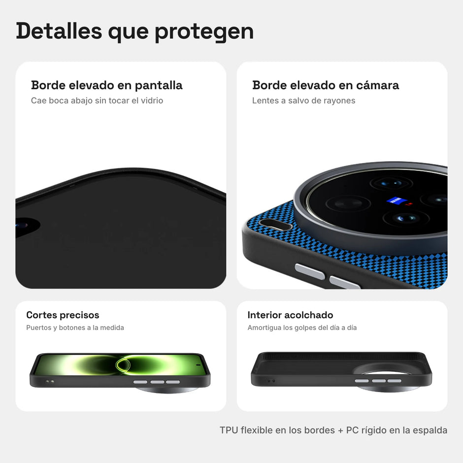 Carbono Deluxe MagSafe: bordes elevados en pantalla y cámara, cortes precisos e interior acolchado