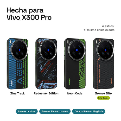 Carbono Deluxe MagSafe para Vivo X300 Pro: estilos Blue Track, Redeemer Edition, Neon Code y Bronze Elite