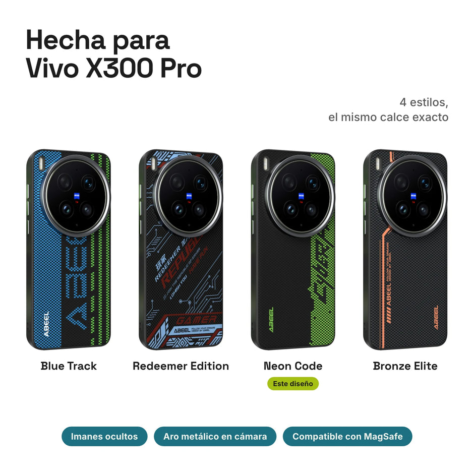 Carbono Deluxe MagSafe para Vivo X300 Pro: estilos Blue Track, Redeemer Edition, Neon Code y Bronze Elite