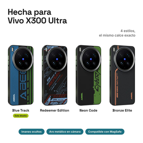 Carbono Deluxe MagSafe para Vivo X300 Ultra: estilos Blue Track, Redeemer Edition, Neon Code y Bronze Elite
