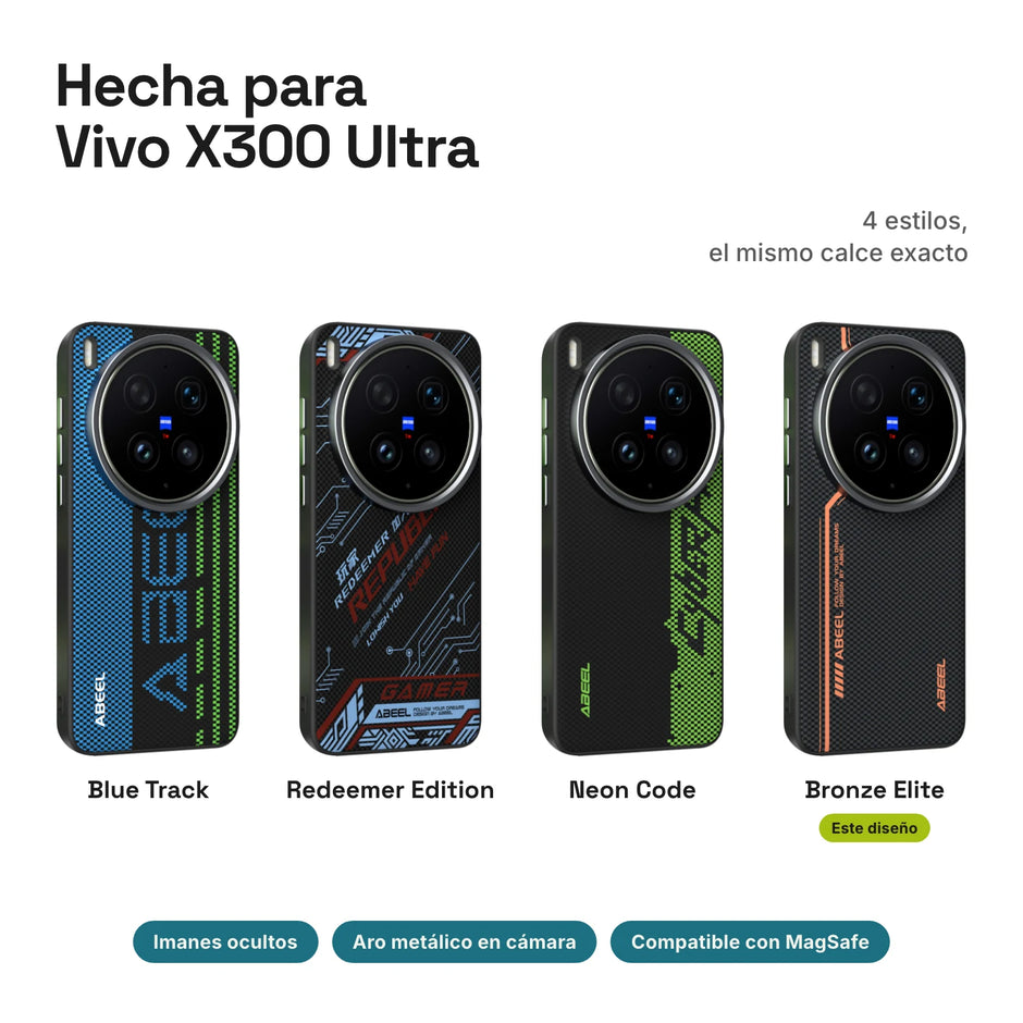 Carbono Deluxe MagSafe para Vivo X300 Ultra: estilos Blue Track, Redeemer Edition, Neon Code y Bronze Elite