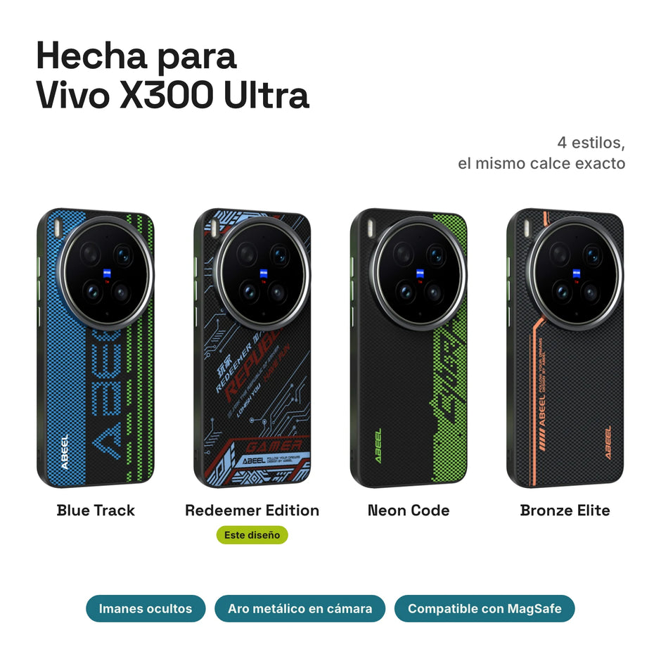 Carbono Deluxe MagSafe para Vivo X300 Ultra: estilos Blue Track, Redeemer Edition, Neon Code y Bronze Elite