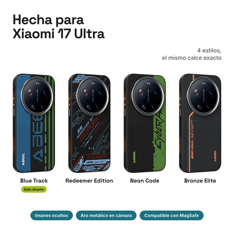 Carbono Deluxe MagSafe para Xiaomi 17 Ultra: estilos Blue Track, Redeemer Edition, Neon Code y Bronze Elite
