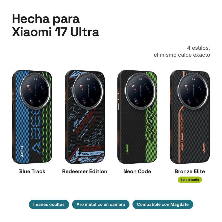 Carbono Deluxe MagSafe para Xiaomi 17 Ultra: estilos Blue Track, Redeemer Edition, Neon Code y Bronze Elite