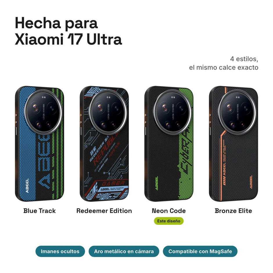 Carbono Deluxe MagSafe para Xiaomi 17 Ultra: estilos Blue Track, Redeemer Edition, Neon Code y Bronze Elite