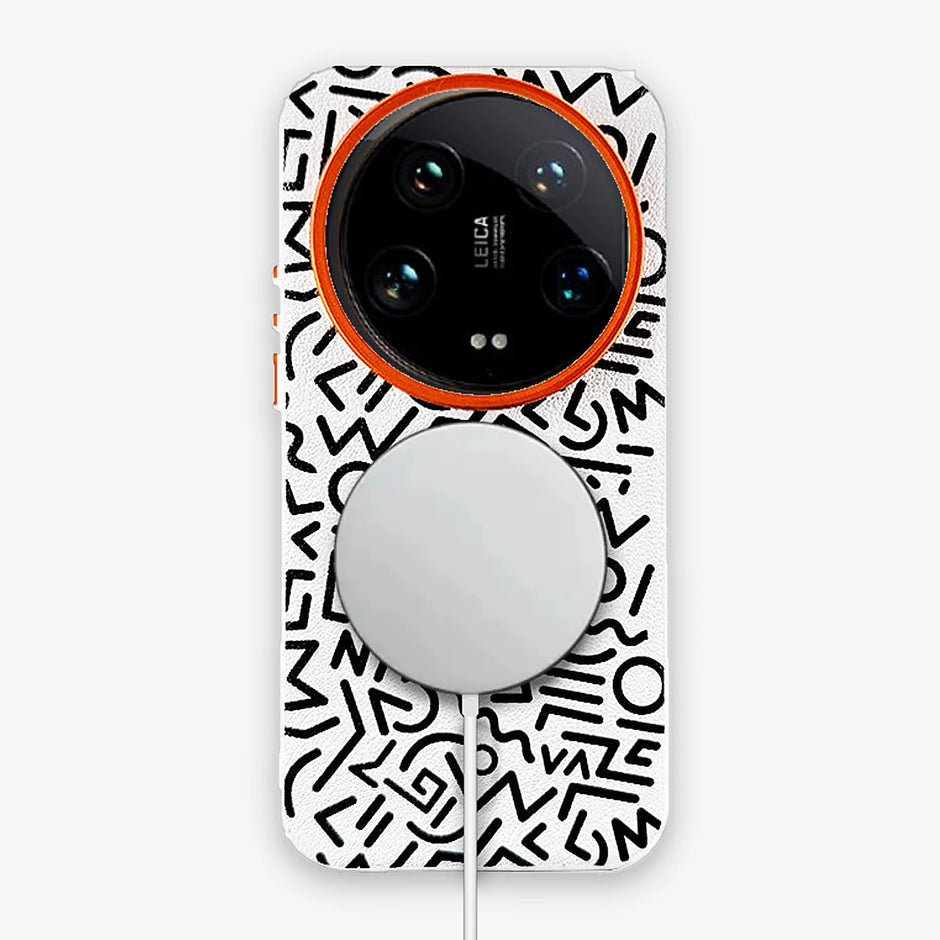 Case Core Paracas Armor Magnético Xiaomi 14 Ultra en Blanco: funda con diseño garabato y aro metálico naranja en la cámara, con aro magnético
