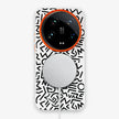 Case Core Paracas Armor Magnético Xiaomi 14 Ultra en Blanco: funda con diseño garabato y aro metálico naranja en la cámara, con aro magnético