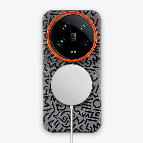 Case Core Paracas Armor Magnético Xiaomi 14 Ultra en Gris: funda con diseño garabato y aro metálico naranja en la cámara, con aro magnético