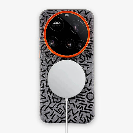 Case Core Paracas Armor Magnético Xiaomi 15 Ultra en Gris: funda con diseño garabato y aro metálico naranja en la cámara, con aro magnético