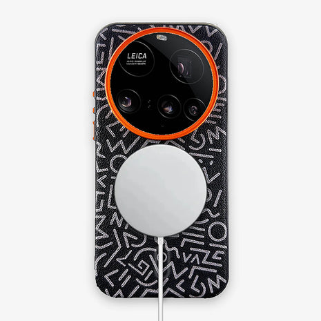 Case Core Paracas Armor Magnético Xiaomi 15 Ultra en Negro: funda con diseño garabato y aro metálico naranja en la cámara, con aro magnético