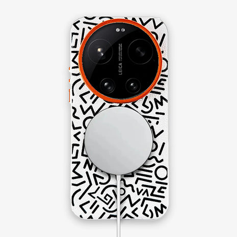 Case Core Paracas Armor Magnético Xiaomi 17 Ultra en Blanco: funda con diseño garabato y aro metálico naranja en la cámara, con aro magnético