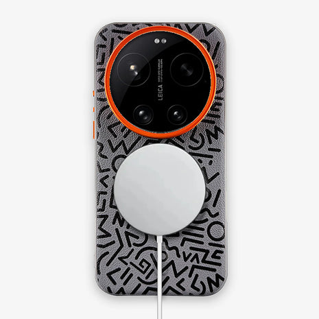 Case Core Paracas Armor Magnético Xiaomi 17 Ultra en Gris: funda con diseño garabato y aro metálico naranja en la cámara, con aro magnético