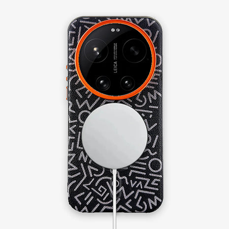 Case Core Paracas Armor Magnético Xiaomi 17 Ultra en Negro: funda con diseño garabato y aro metálico naranja en la cámara, con aro magnético