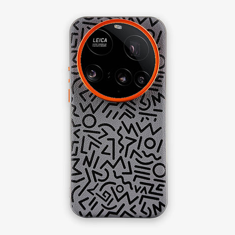 Case Core Paracas Armor Xiaomi 15 Ultra en Gris: funda con diseño garabato y aro metálico naranja en la cámara