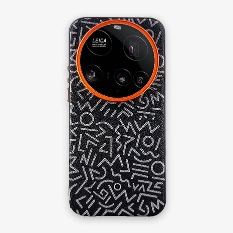 Case Core Paracas Armor Xiaomi 15 Ultra en Negro: funda con diseño garabato y aro metálico naranja en la cámara