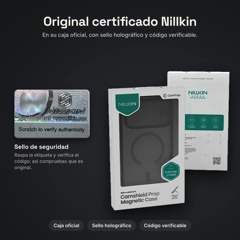 Caja oficial Nillkin con sello de autenticidad – Case Nillkin CamShield Prop Magnética iPhone 17 Pro Max | Negro Clásico