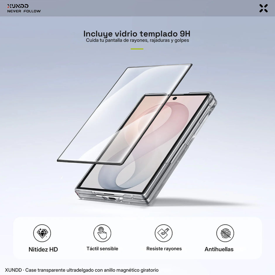 Case Xundd Transparente con Anillo Magnético Giratorio + Vidrio Galaxy Z Fold 8