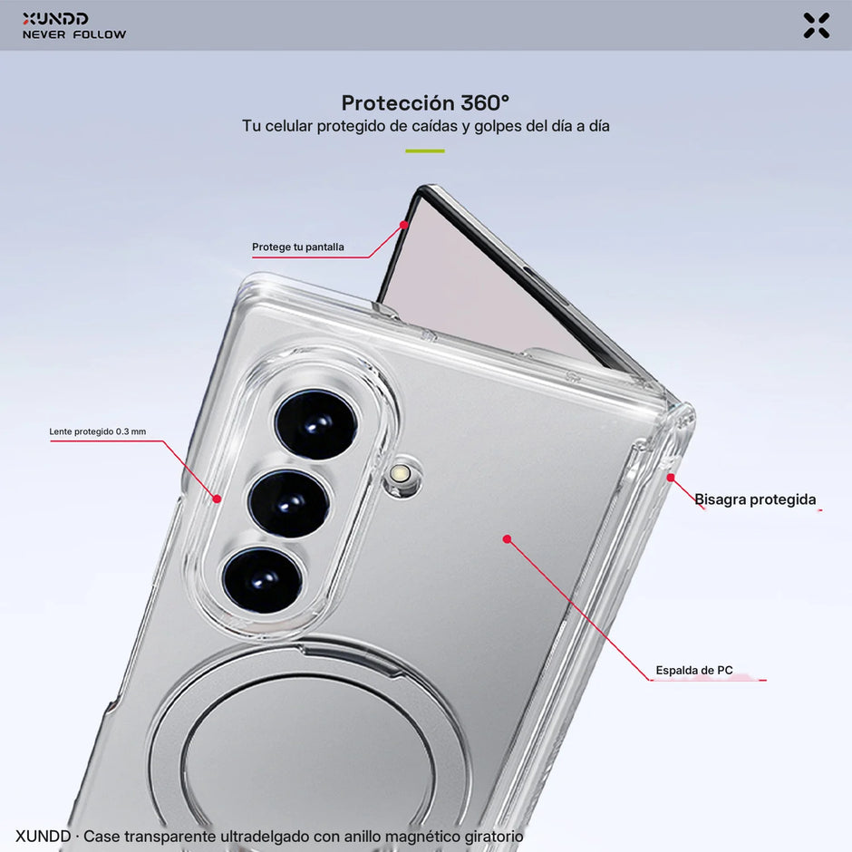 Case Xundd Transparente con Anillo Magnético Giratorio + Vidrio Galaxy Z Fold 8 Ultra
