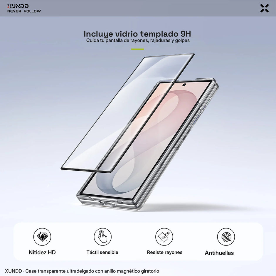 Case Xundd Transparente con Anillo Magnético Giratorio + Vidrio Galaxy Z Fold 8 Ultra