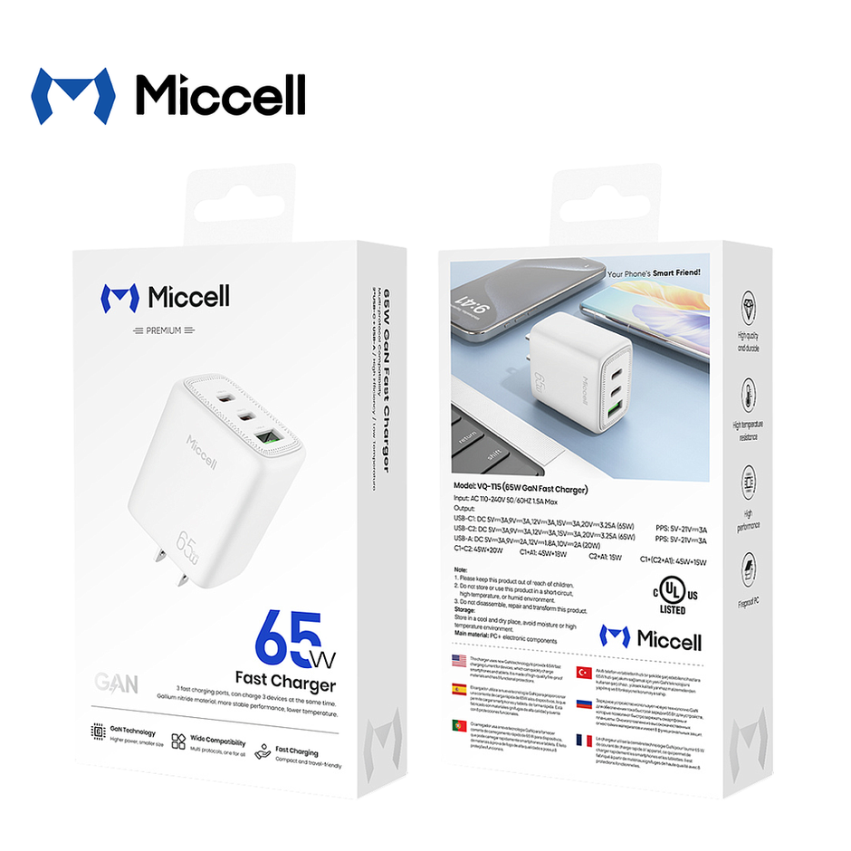 Cargador 2 Puertos USB-C + 1 Puerto USB-A 65W (VQ-T15601) | Miccell