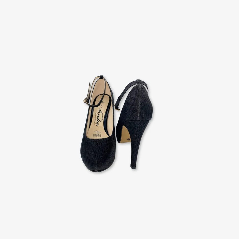 Tacones negros con correa para mujer con estilo brillante punta semi redonda